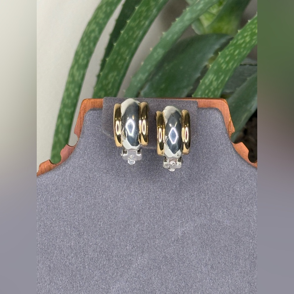 Vintage Givenchy Two Tone Dome Clip Earrings Gold Silver Ribbed Designer 90s - Picture 3 of 11